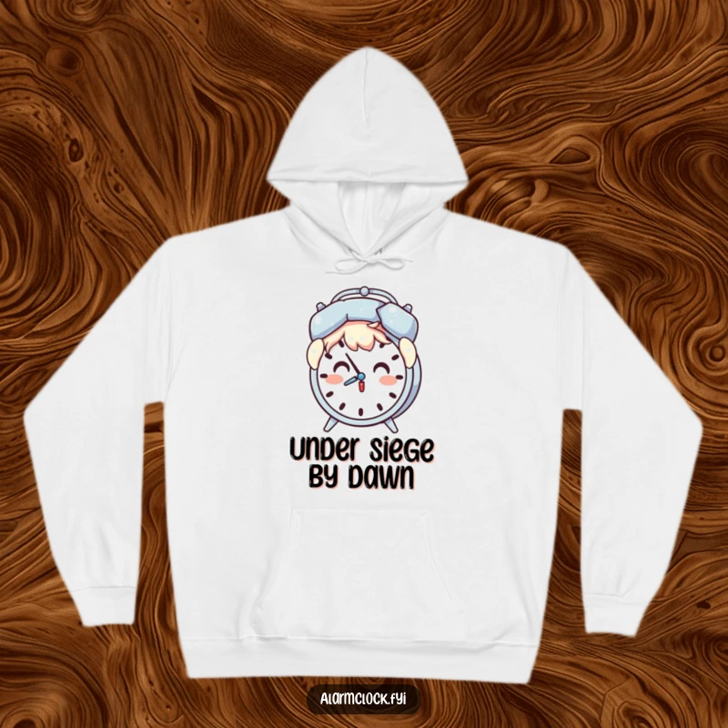Funny hoodie depicting a surprised character holding a pillow over their head as an alarm clock chimes.