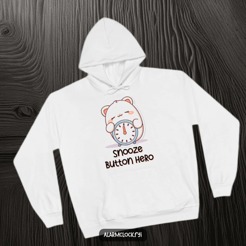 Funny hoodie depicting a happy character peacefully snoozing, finger resting on a silent alarm clock.