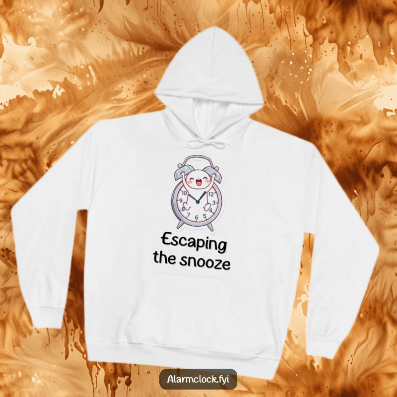 Funny hoodie featuring a cheerful character joyfully leaping out of an alarm clock, designed for cozy and cheerful mornings.