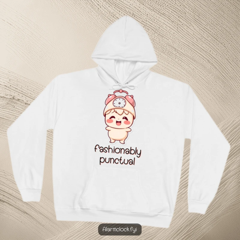 Funny hoodie featuring a giggling character wearing an alarm clock as a hat, expressing playful morning energy.