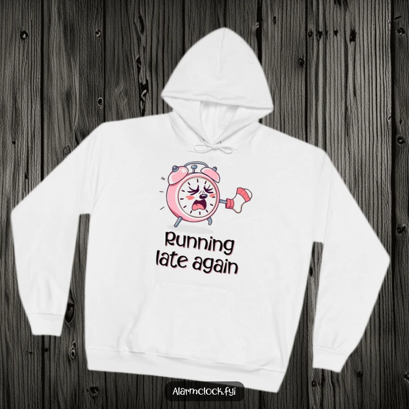 Funny hoodie print of an alarm clock sweating and running from a rogue sock, depicting frantic morning energy and humor.