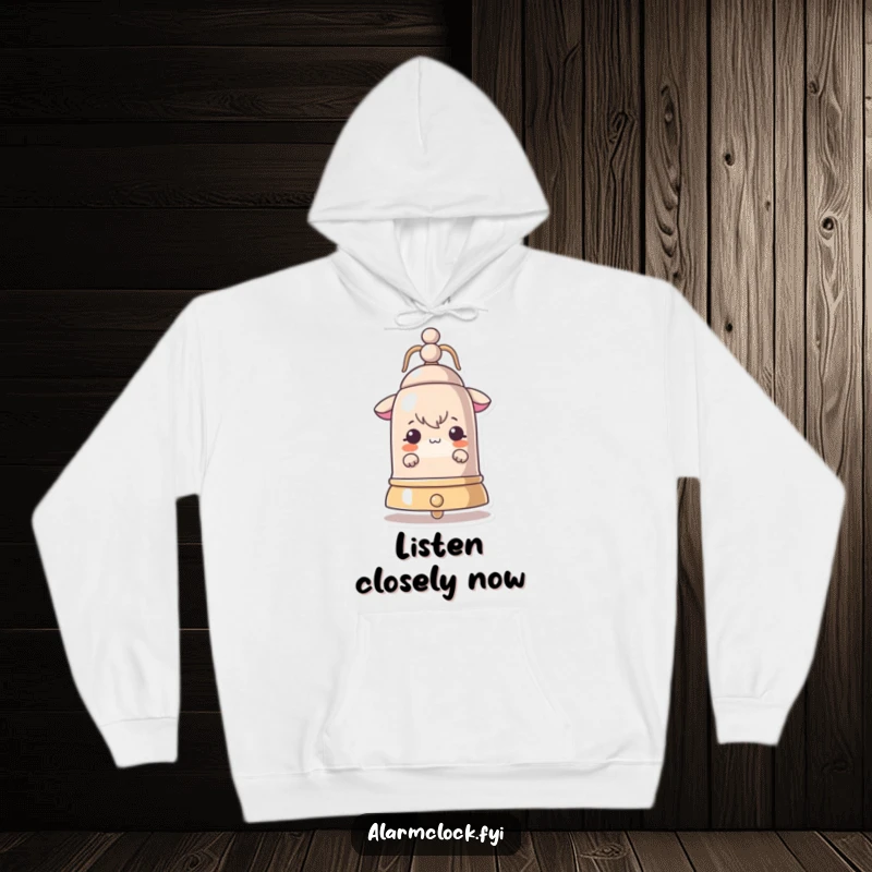 Funny hoodie showing a curious character peeking from behind a large, loud ringing bell, perfect for cozy observation.