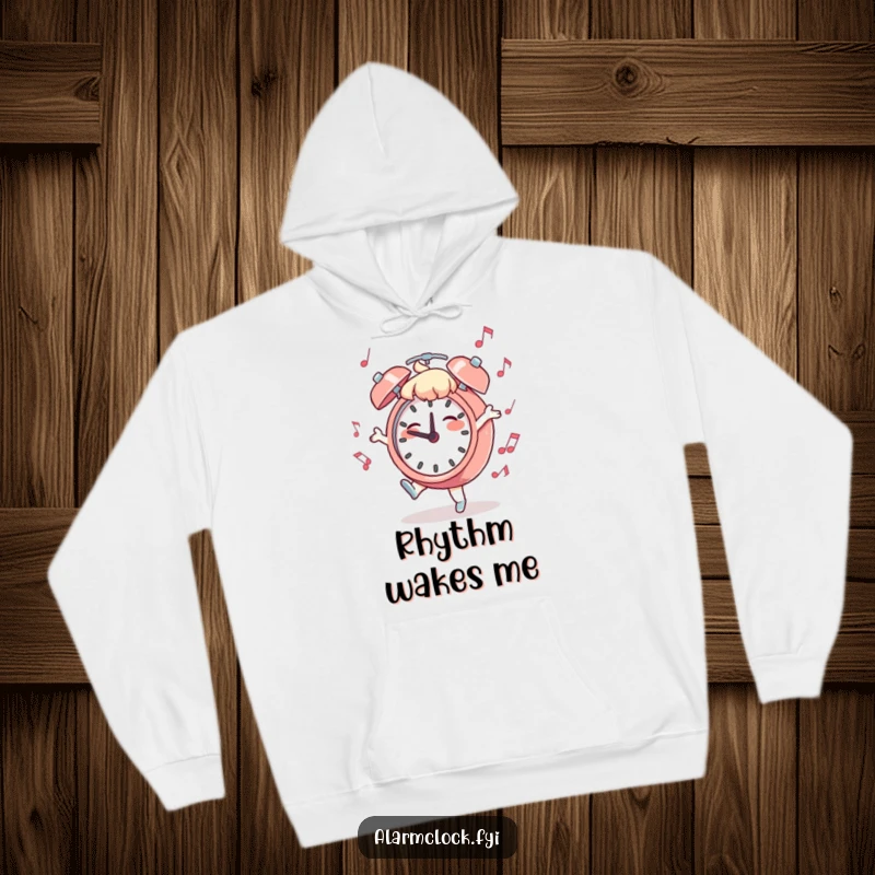 Funny Dancing Clock Hoodie: A character dancing with a musical clock, perfect for staying warm and cheerful.