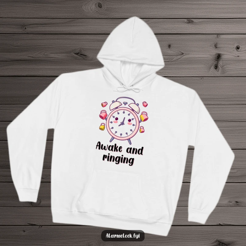 Funny Hoodie: A cheerful alarm clock character juggling bright alarm bells, embodying playful morning energy.