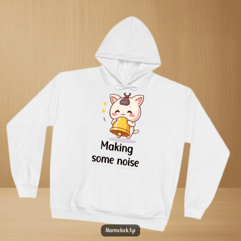Funny ringing bell hoodie featuring a cute character vigorously ringing a bell, embodying cozy cheer and fun.