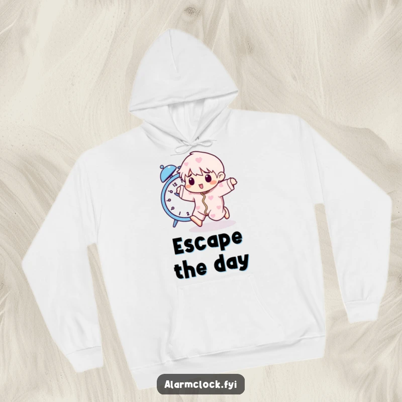 Funny hoodie with a pajama-clad character playfully sprinting away from a buzzing alarm clock, ideal for cozy, humorous lounging.
