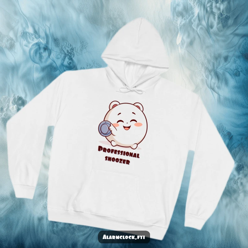 Funny hoodie showing a character with a delighted expression, actively hitting a snooze button, perfect for those who love morning naps.