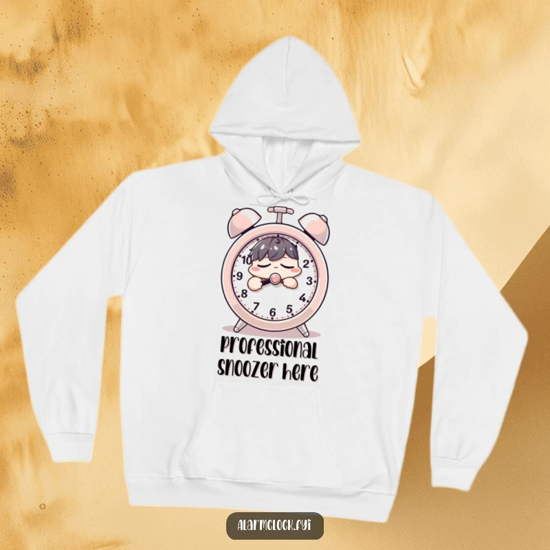 Funny hoodie with a sleepy character groggily pressing a giant alarm clock's snooze button, ideal for cozy, humorous lounging.