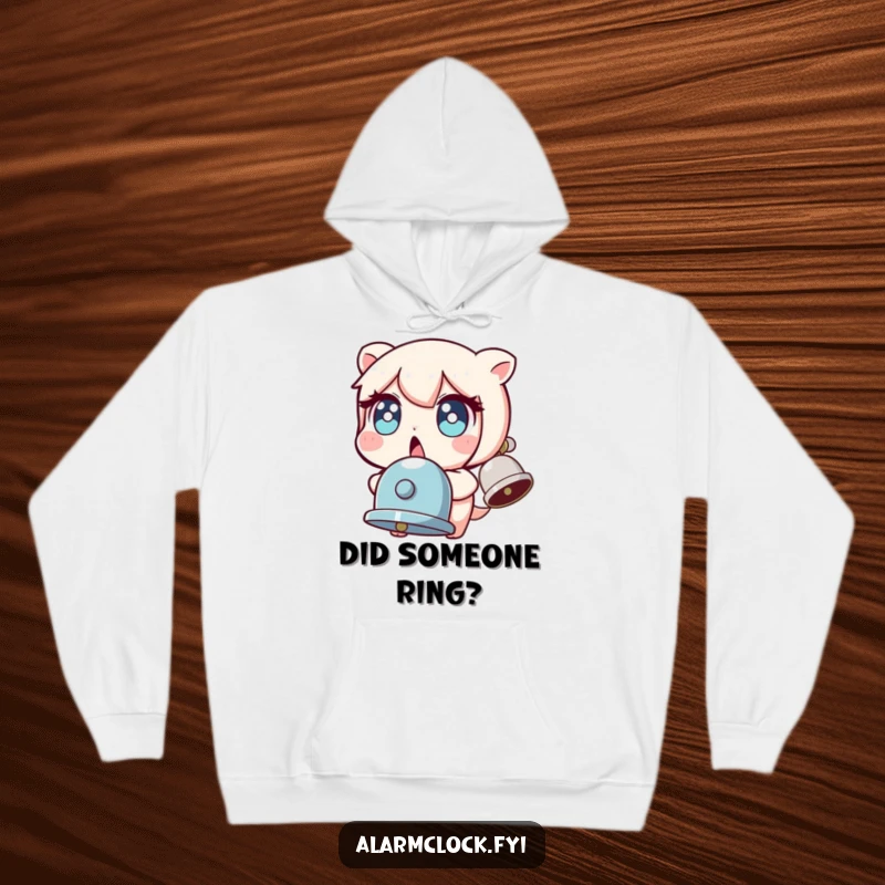 Funny hoodie depicting a character with bugged-out eyes, startled by a ringing bell, perfect for expressing shock and humor.