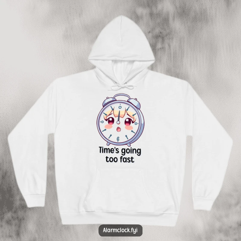 Funny hoodie featuring a character with a surprised look, observing a rapidly spinning clock, ideal for conveying time-related stress humorously.