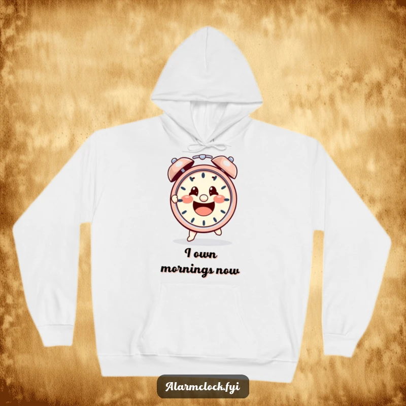 Funny hoodie showing a cheerful character aggressively grabbing a loud, ringing alarm clock with a determined grip, mastering the morning.