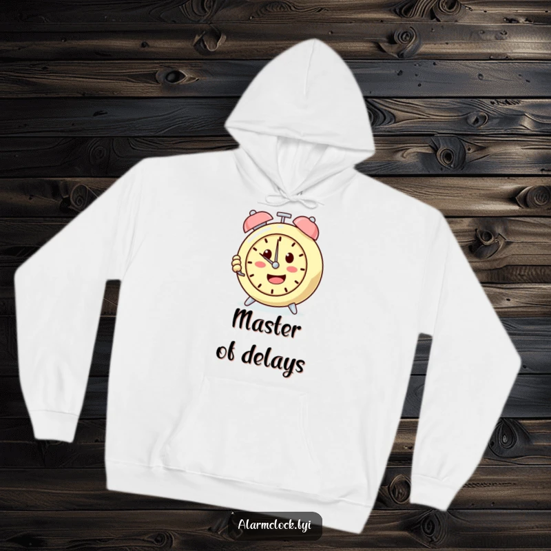 Funny hoodie featuring a determined alarm clock character repeatedly pushing the snooze button, embodying cozy morning persistence.