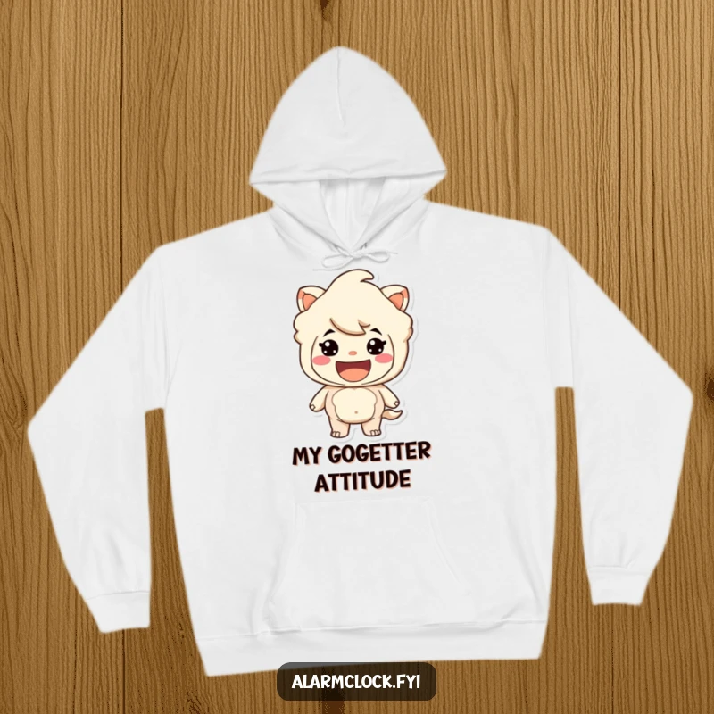 Funny hoodie with a character smiling broadly, looking ready and eager for any adventure. Excellent funny gift.