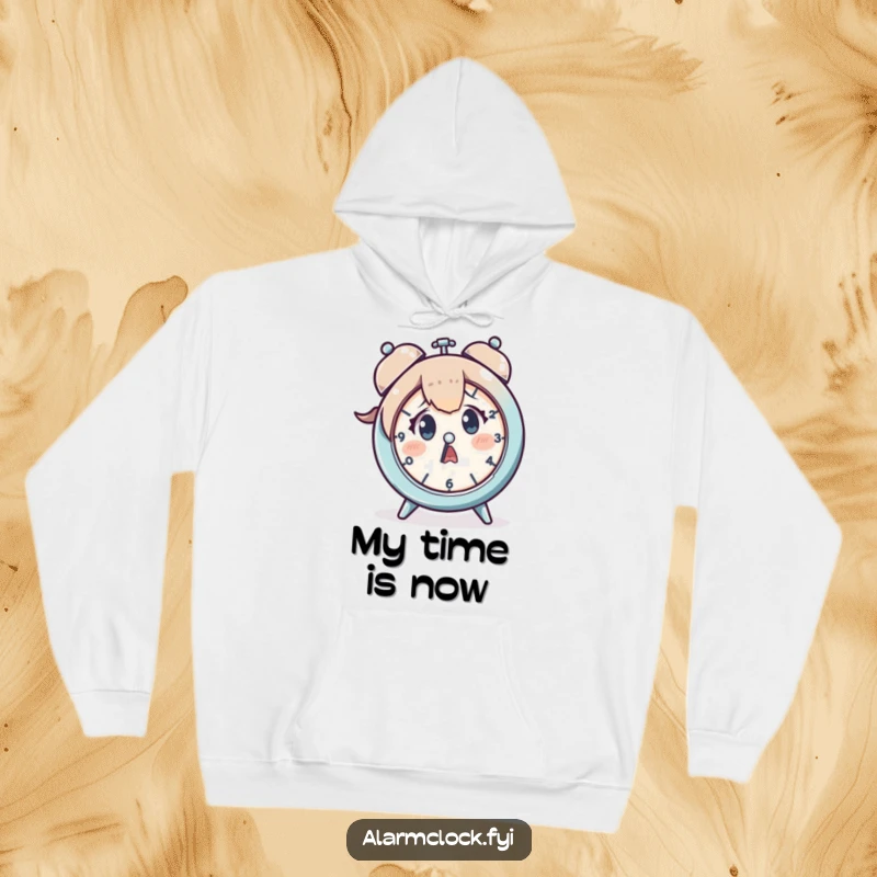 Funny hoodie depicting a character in shock while staring at a clock, conveying the universal stress of looming deadlines.