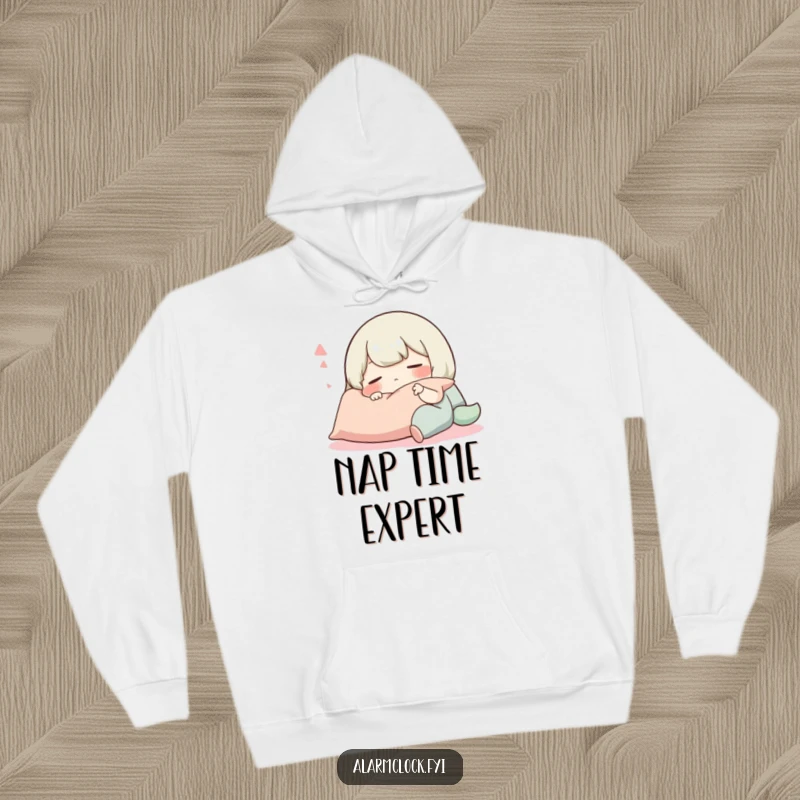 Funny hoodie print of a serene character fast asleep on a pillow, radiating peaceful slumber and cozy contentment humorously.