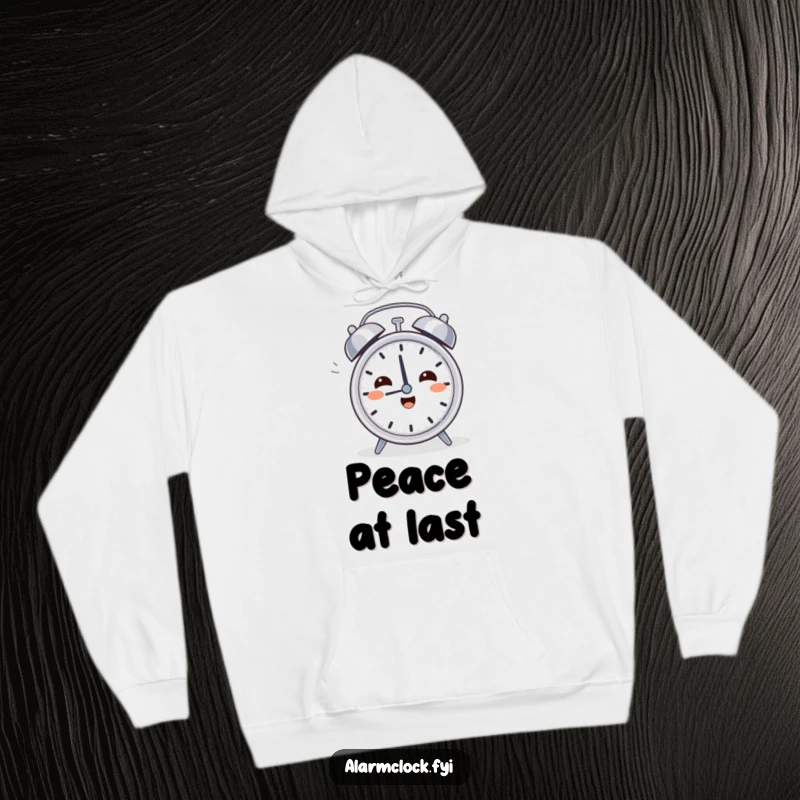 Funny Relief Clock Hoodie: A character sighing happily while turning off an alarm clock, perfect for cozy morning relief.