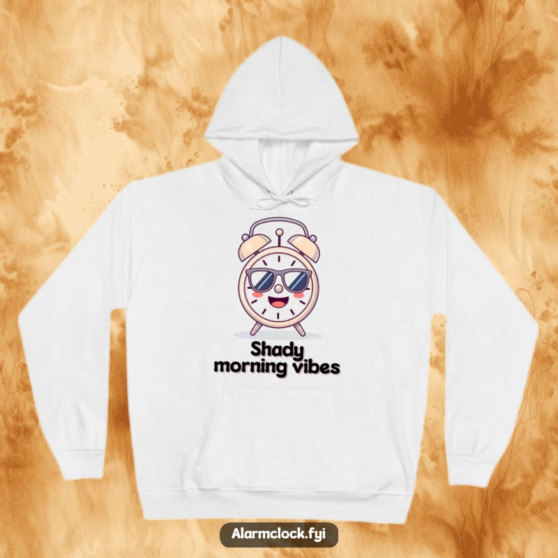 Funny Hoodie: A cheerful alarm clock wearing sunglasses, soaking up the sun with a relaxed smile.
