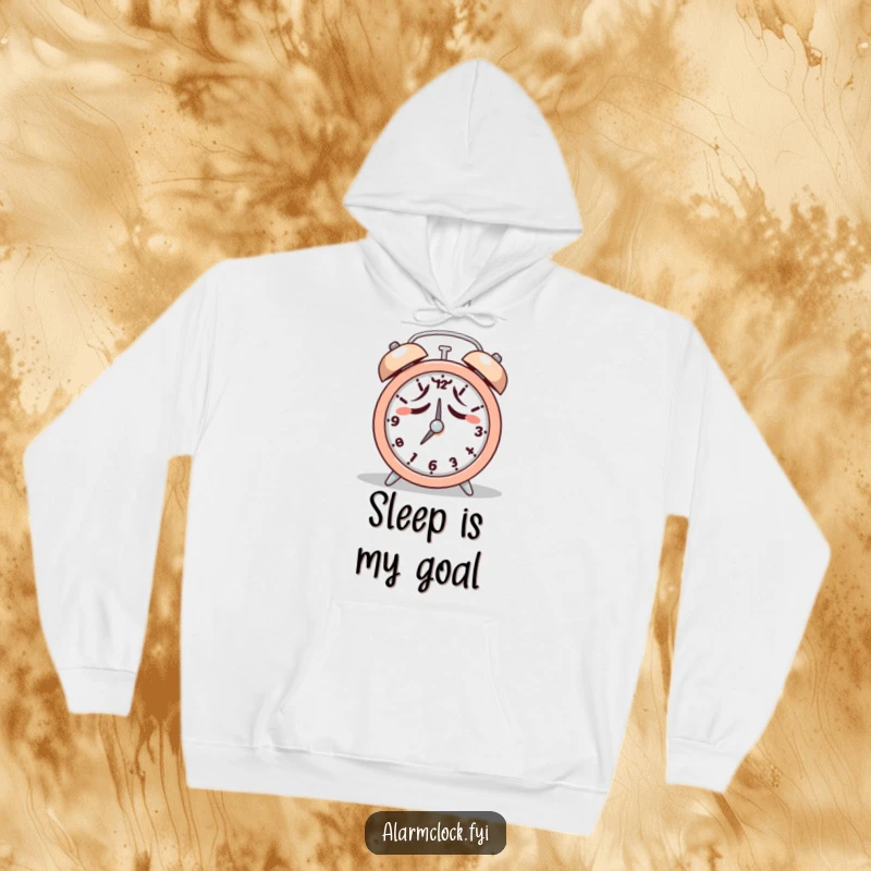 Funny hoodie featuring a tired character reluctantly attempting to hit the snooze button on an alarm clock.