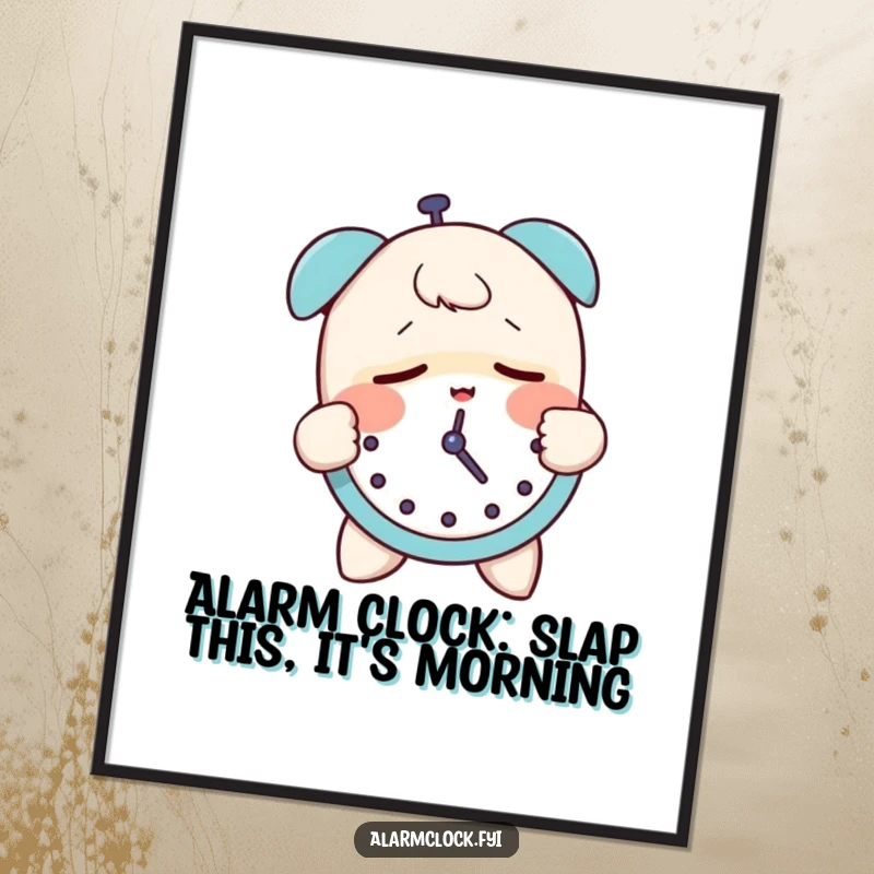Funny Free Printable Wall Art: A sleepy character groggily slapping an alarm clock, depicting the morning struggle humorously. Downloadable art.