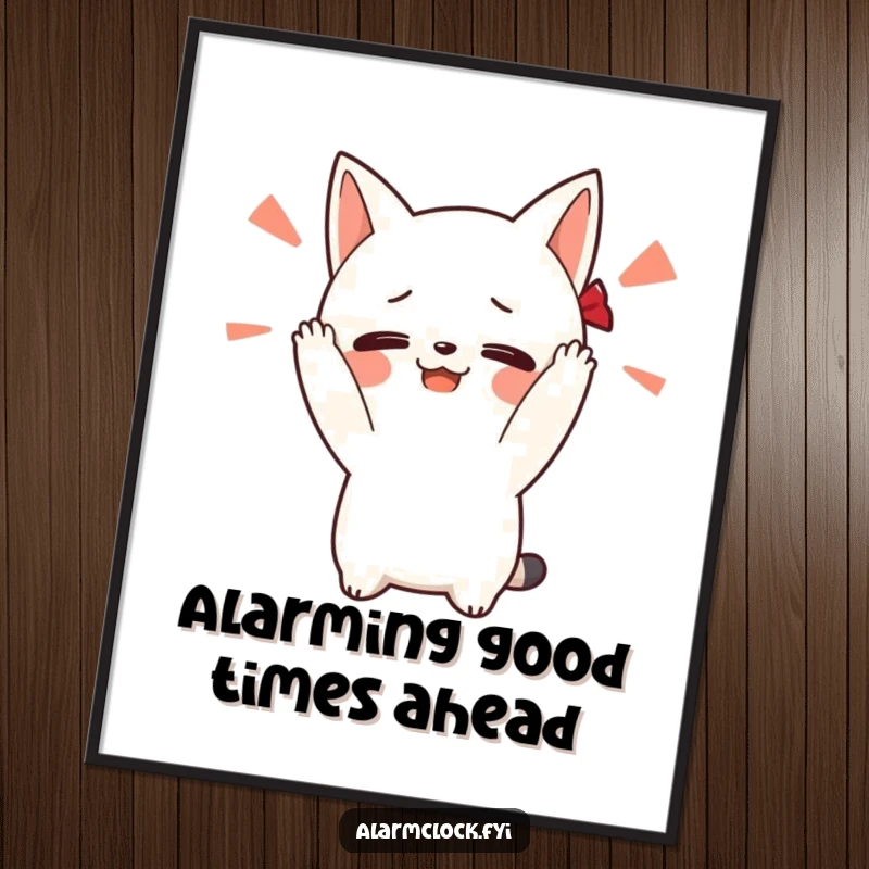 Funny Free Printable Wall Art: Blushing character covering ears from a loud alarm, creating a humorous scene.