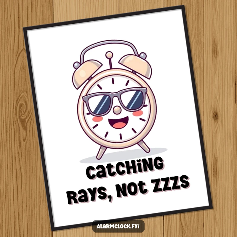 Funny Free Printable Wall Art of a cheerful alarm clock character wearing sunglasses and enjoying the morning sun.