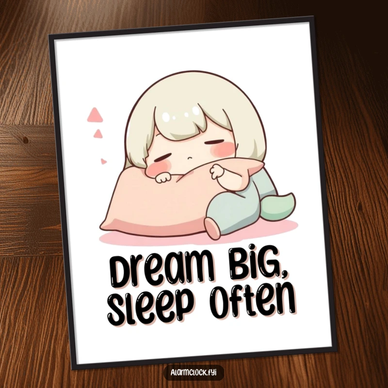 Funny Free Printable Wall Art: A contented character blissfully snoozing with a big pillow, a cozy downloadable decor piece.