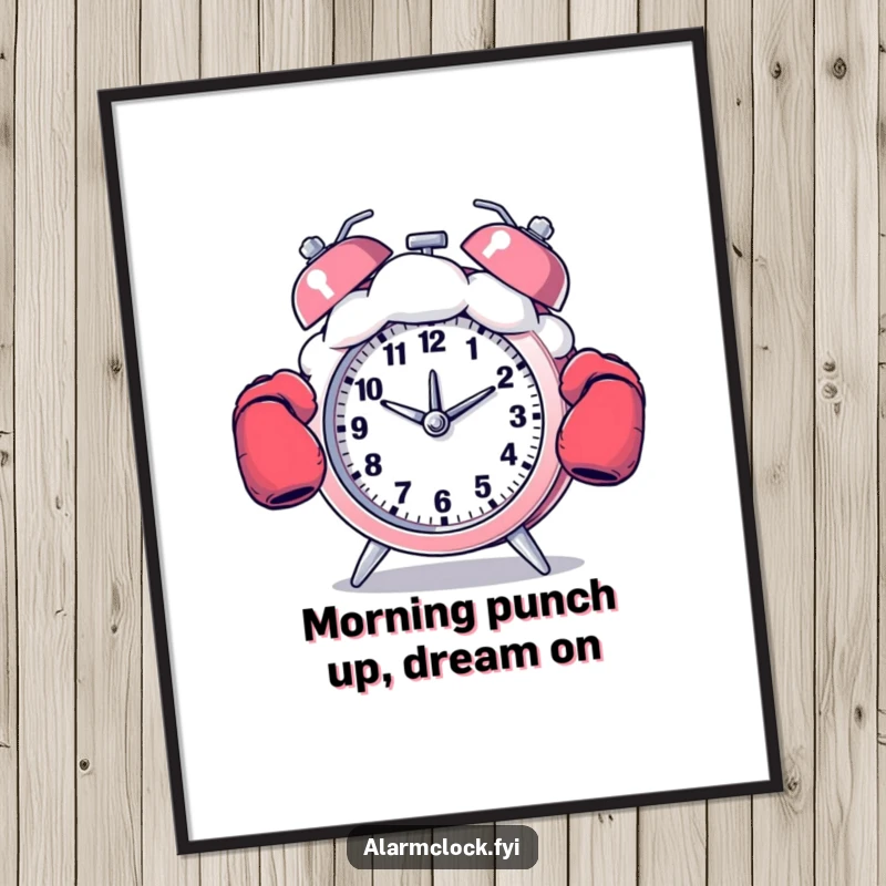 Funny Free Printable Wall Art: A boxing alarm clock fiercely punches a fluffy cloud, bringing dynamic humor.