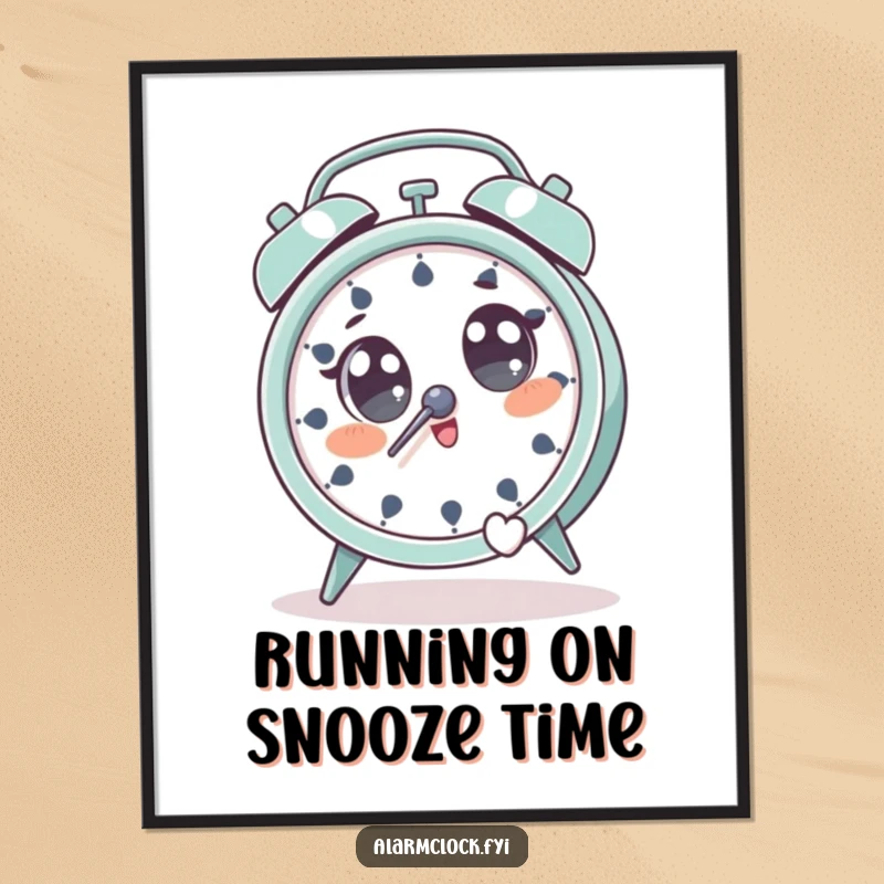 Funny Free Printable Wall Art showing a character with wide eyes, playfully jumping to avoid a loud ringing alarm clock.
