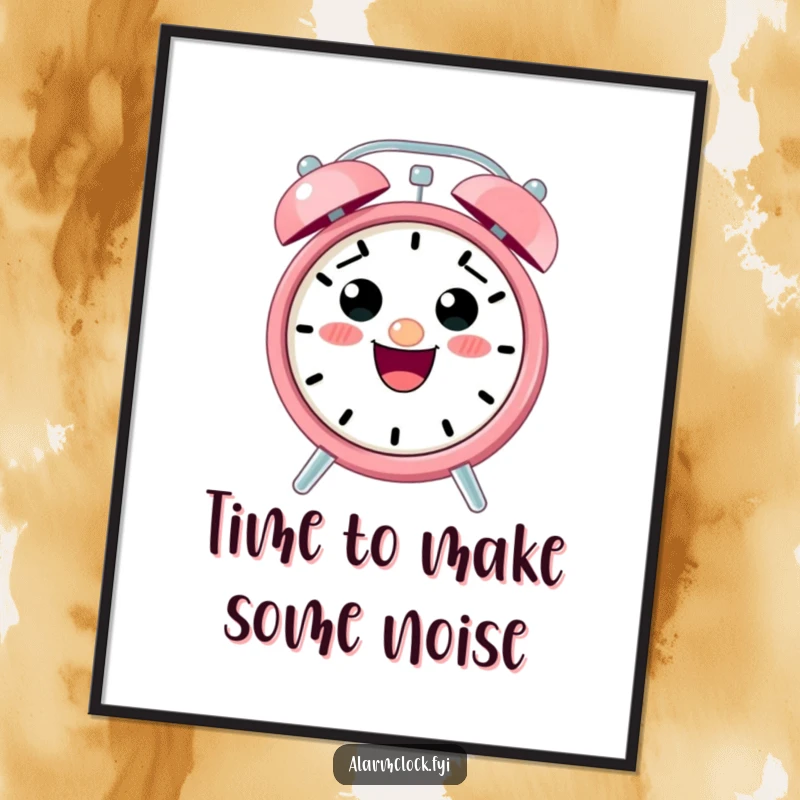 Funny Free Printable Wall Art of a cute, smiling alarm clock character that’s excited and ringing loudly.