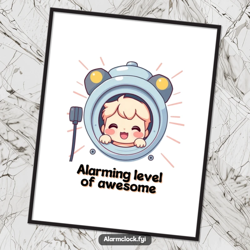 Funny Free Printable Wall Art: Smiling character peeking from behind a giant, loud, blaring alarm.
