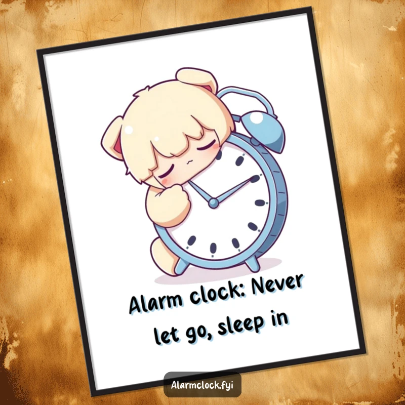 Funny Free Printable Wall Art: A character hugging their alarm clock tightly while asleep, embodying the love for sleep humorously. Downloadable art.
