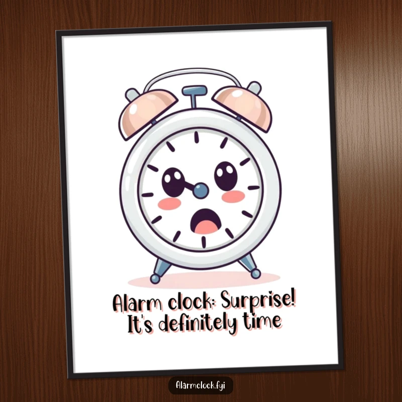 Funny Free Printable Wall Art: An alarm clock character ringing loudly with a very surprised face, a humorous and eye-catching downloadable art.