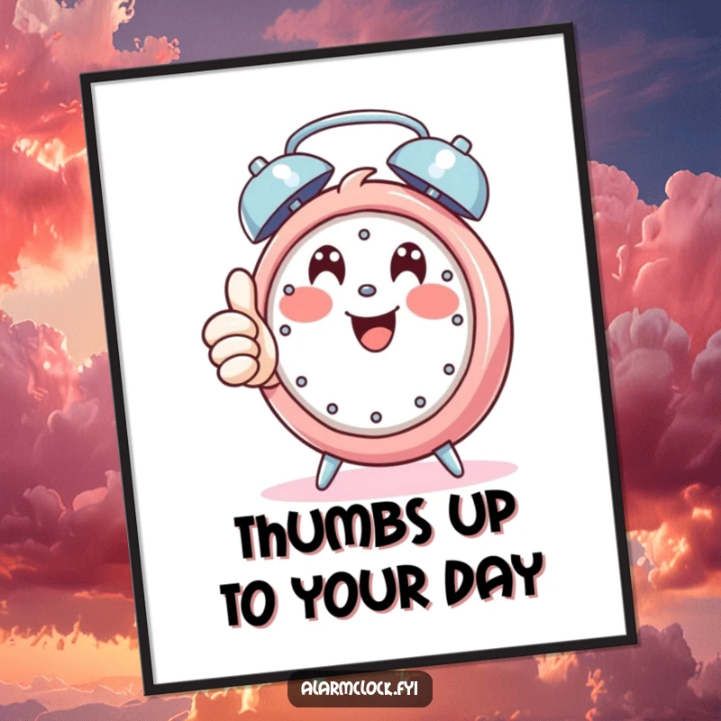 Funny Free Printable Wall Art: Happy character giving a thumbs up while a loud alarm rings.