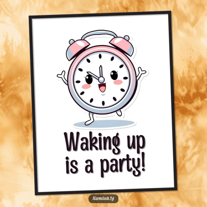 Funny Free Printable Wall Art: An energetic alarm clock character with tiny legs joyfully dancing in a celebratory mood.