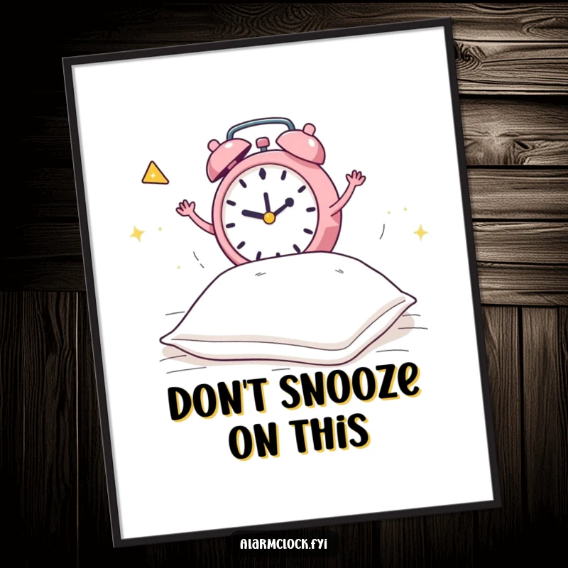 Funny Free Printable Wall Art: Frantic alarm clock jumps on bed to wake a dozing pillow, energetic decor.