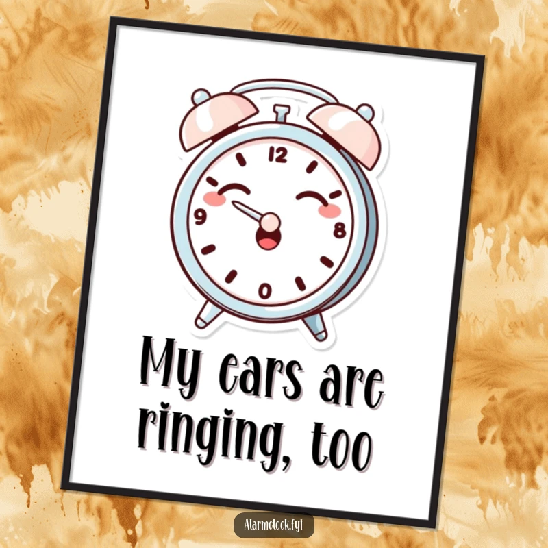 Funny Free Printable Wall Art: A giggling alarm clock character covering its ears dramatically, creating a comical and whimsical piece of decor.