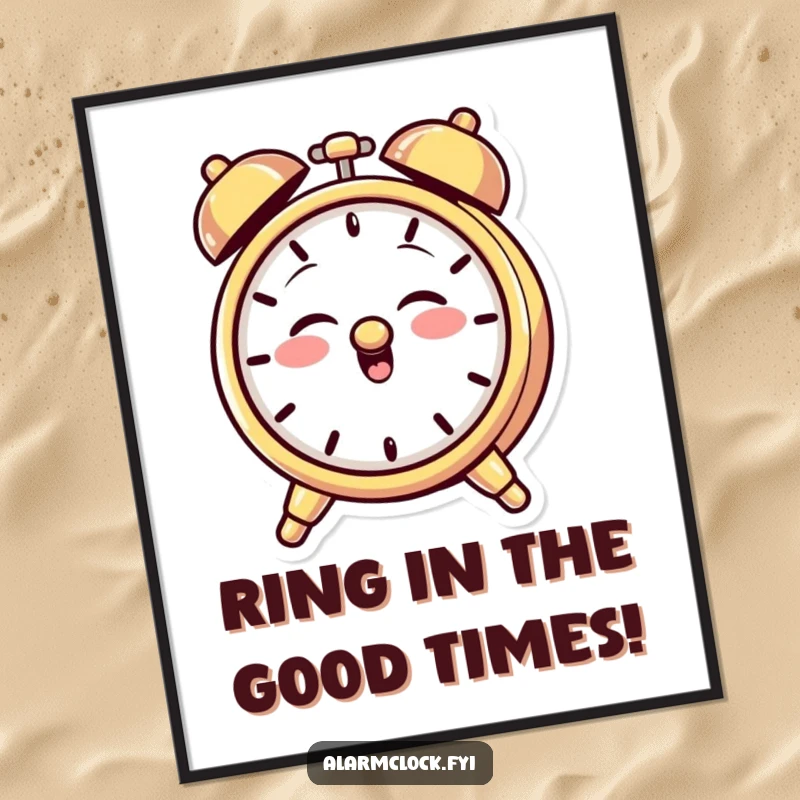 Funny Free Printable Wall Art: A giggling alarm clock character with a mischievous grin, ringing its bell energetically.