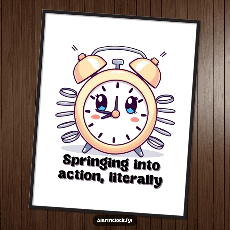 Funny Free Printable Wall Art: Alarm clock with springs erupting from sides, comically surprised, humorous DIY decor