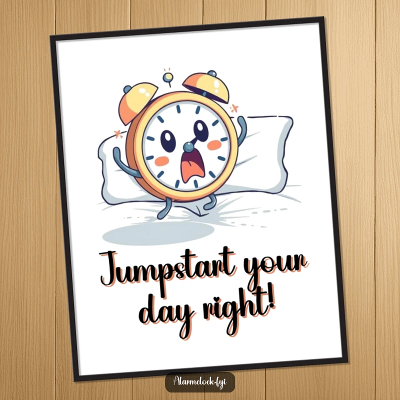 Funny Free Printable Wall Art: A wide-eyed alarm clock character comically leaping out of bed in a state of surprise.