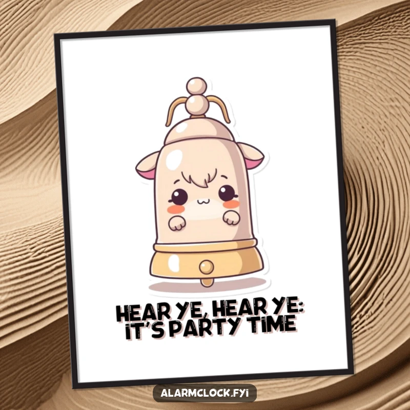 Funny Free Printable Wall Art: Curious character peeking from behind a large, ornate ringing bell, looking inquisitive.