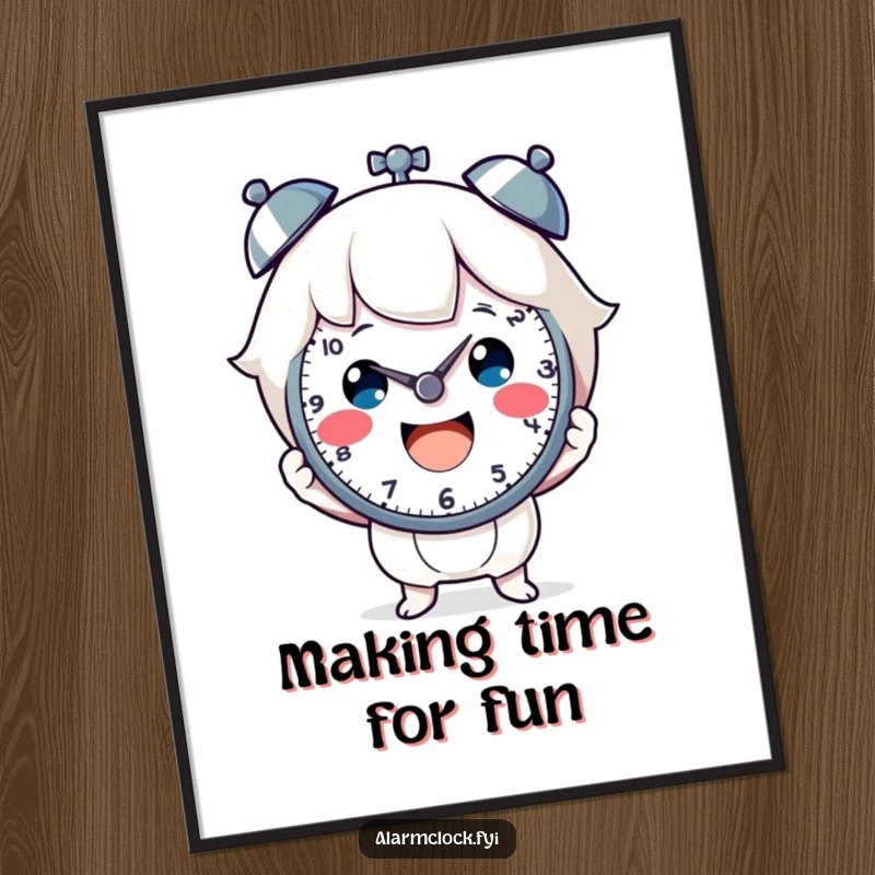 Funny Free Printable Wall Art: A character with a wide, infectious smile holds a clock face, radiating happiness and the joy of passing time.
