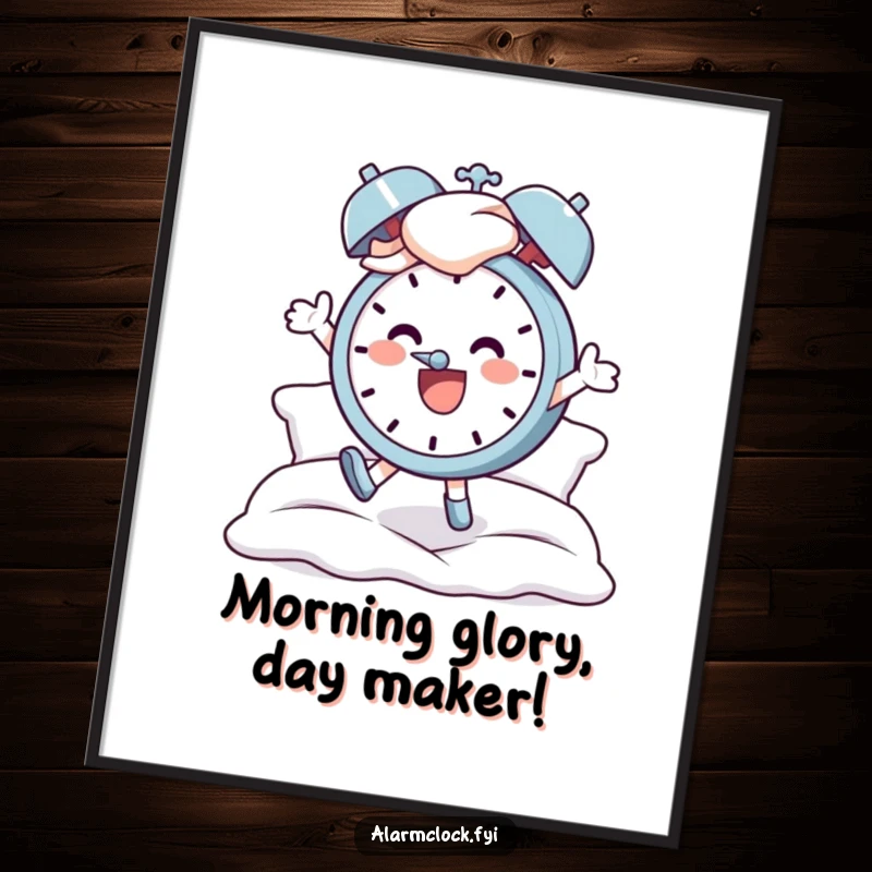 Free Printable Wall Art: Cheerful character joyfully jumping out of bed, alarm clock ringing, embodying a hilarious start to the day.