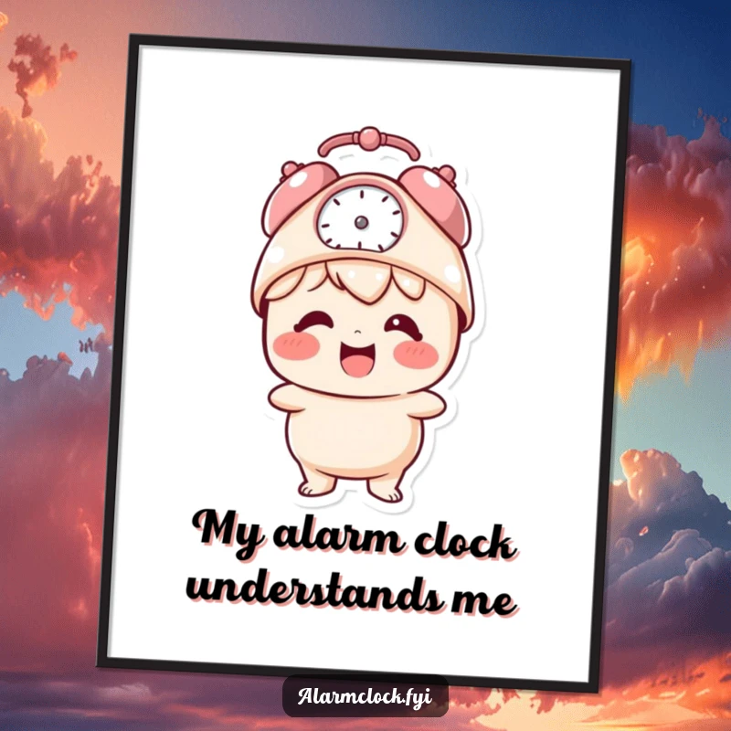 Funny Free Printable Wall Art: Giggling character happily wearing a small alarm clock as a hat, large smile.