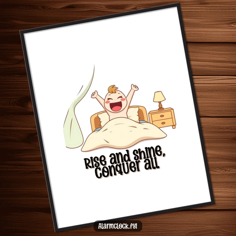 Funny Free Printable Wall Art: an excited character is caught mid-air, enthusiastically jumping out of bed.