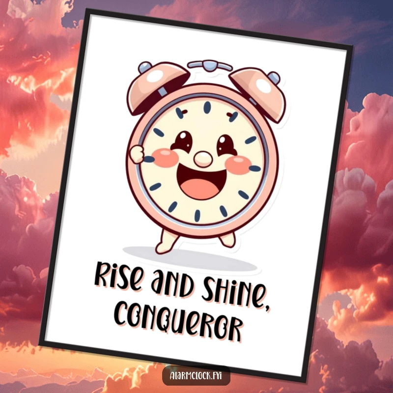 Funny Free Printable Wall Art: Cheerful character with a determined grip, grabbing a loud, ringing alarm clock.