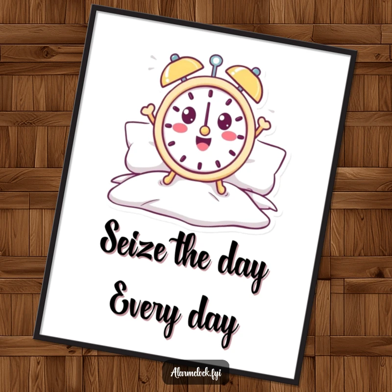 Funny Free Printable Wall Art of a cheerful alarm clock character jumping out of bed with enthusiasm, symbolizing a fresh start.