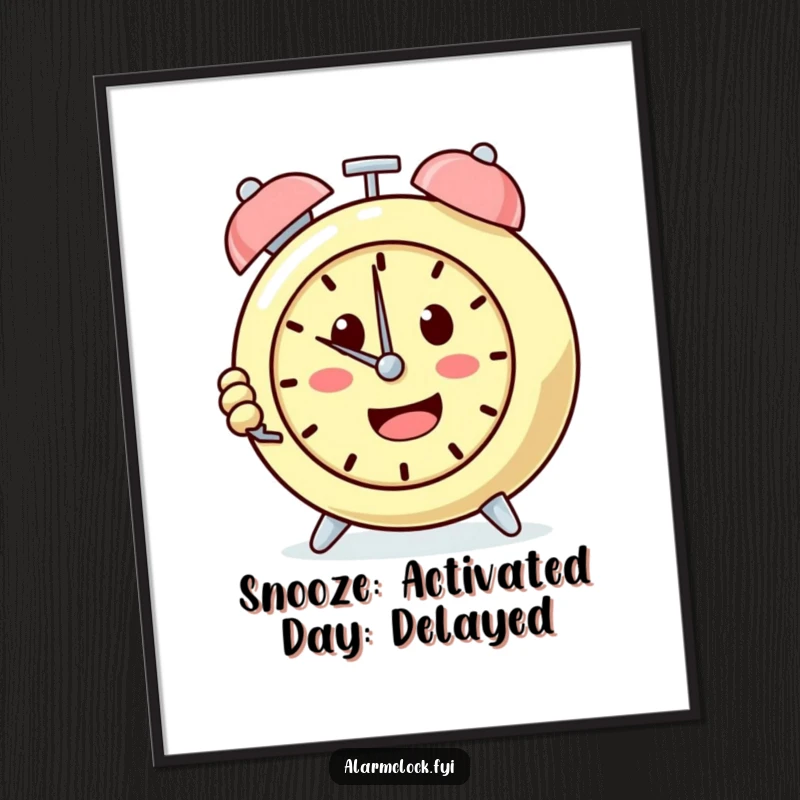 Funny Free Printable Wall Art: A happy alarm clock character with a determined expression repeatedly pressing its snooze button.