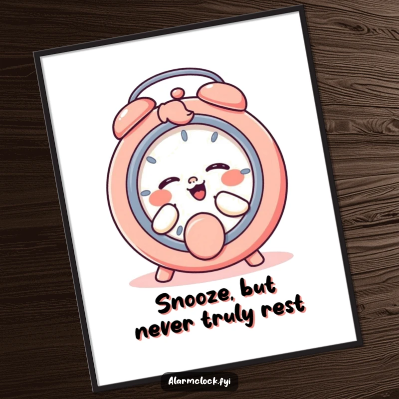 Funny Free Printable Wall Art: a giggling character playfully hits the snooze button, embodying morning relaxation.