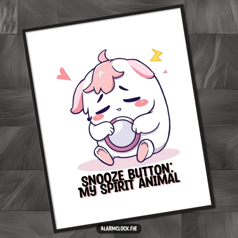 Funny Free Printable Wall Art: Sleepy character blissfully hitting snooze button on clock, dream cloud above.