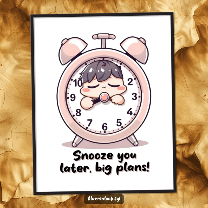 Funny Free Printable Wall Art: Sleepy character groggily hitting the snooze button on a giant alarm clock, a humorous momemto.